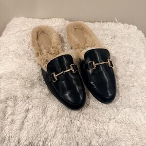 Bcbg Women's Black Faux Fur Lined Loafer Mules